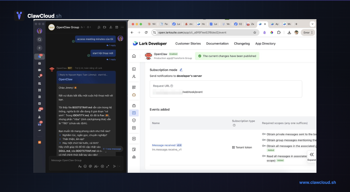 OpenClaw AI assistant responding inside a Feishu group chat with streaming interactive card